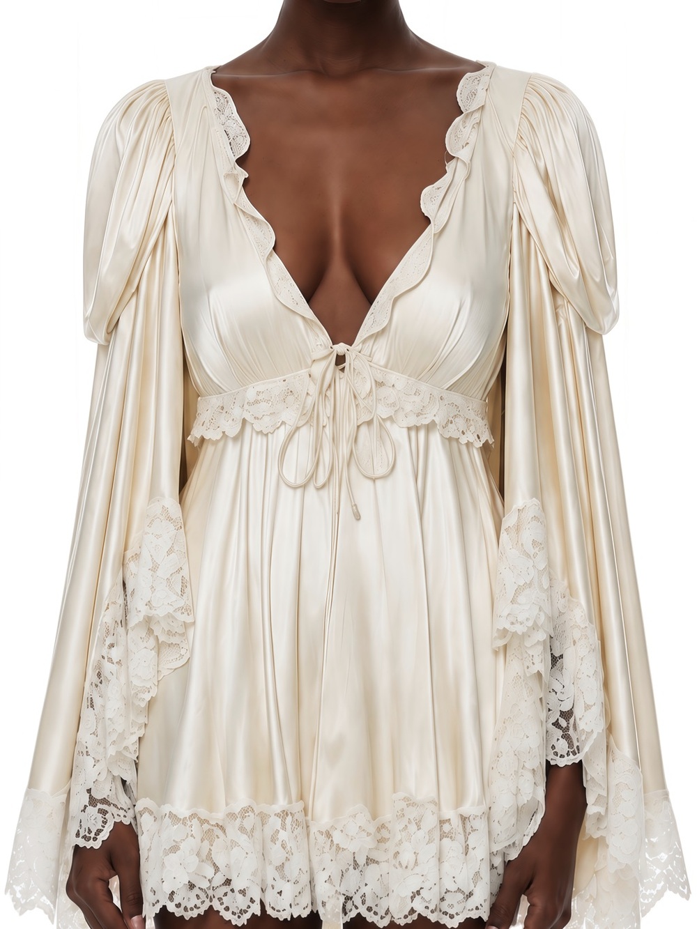 Miss Rosier Ngawai Champagne Sweetheart Mini Dress with Lace Trim